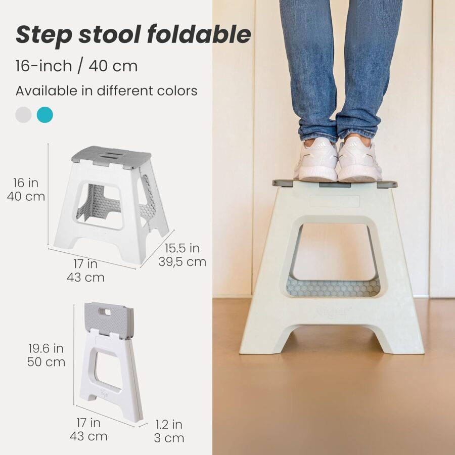 Compact Step Stool Foldable, Step Stools for Adults, 16-inch, Lightweight Stool, Non-Slip Folding Step Stool, Gray - Image 2