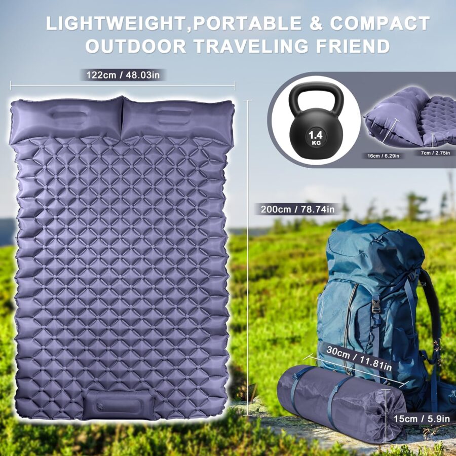 Double Camping Pads for Sleeping, Ultralight Floor Mattresses for Sleeping with Built-in Pillow Foot Pump, Mattress Foldable for Tent, Backpacking, Hiking, Car Traveling, Navy Blue - Image 2